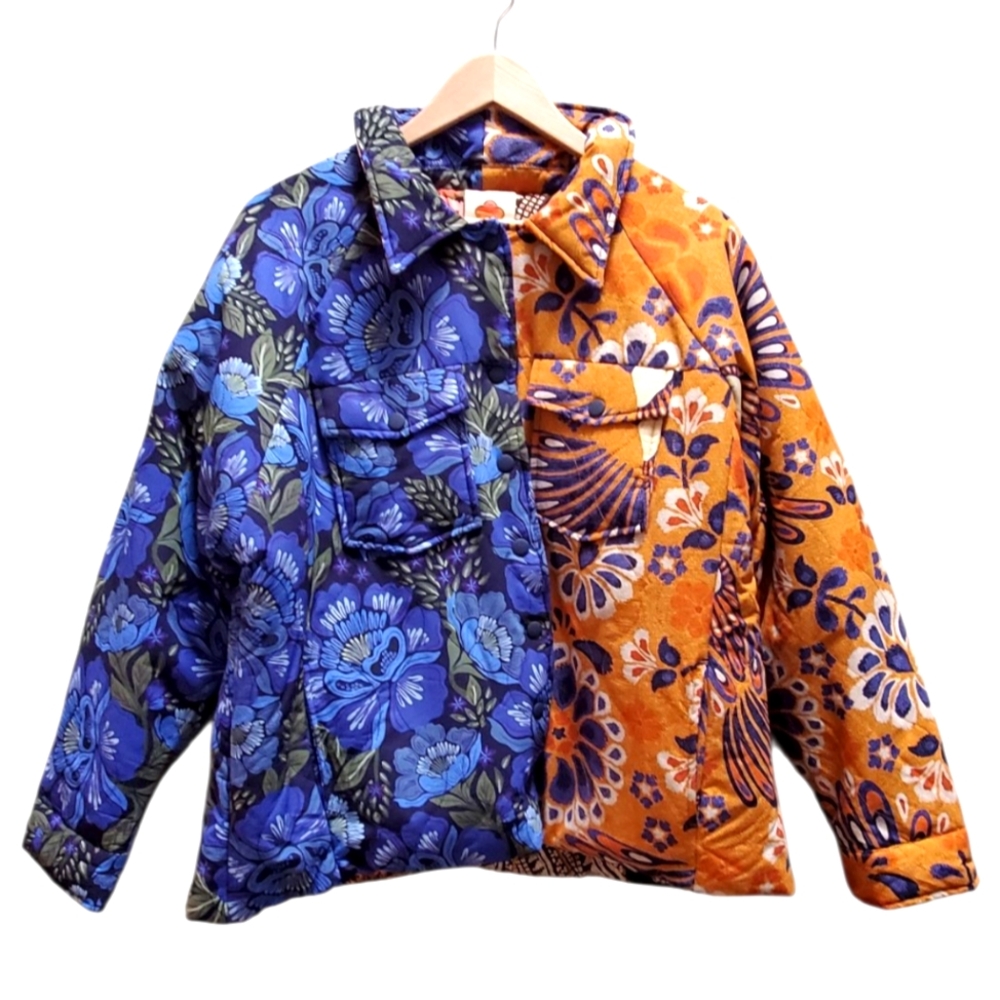 NWOT FARM Rio Women's Mixed Yawanawa Reversible Quilted Puffer Blue Multi Size M